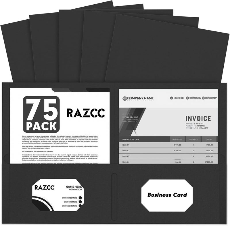 RAZCC Two Pocket Folders, 75 Pack 2 Pocket Folders Fit Letter Size Paper, Paper Folders with Pockets for School Office Business Home (Black) - Image 1